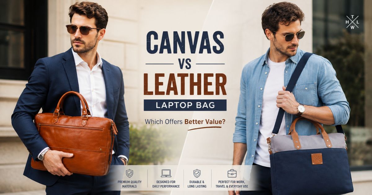 Leather laptop bag vs canvas laptop bag comparison with two male models carrying professional work bags.