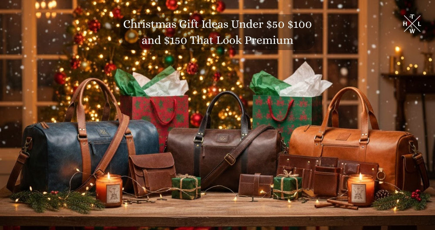 Christmas scene with leather duffle bags tool belts small leather gifts and festive Christmas gift bags arranged on a wooden table with warm lights showing Christmas Gift Ideas for holiday shoppers.