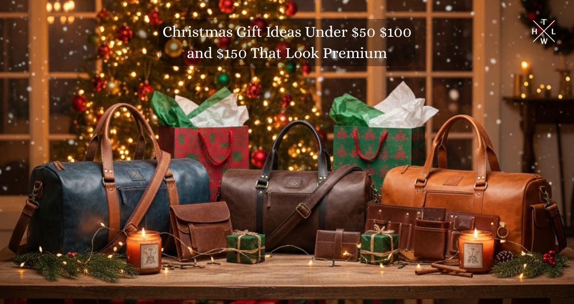 Christmas scene with leather duffle bags tool belts small leather gifts and festive Christmas gift bags arranged on a wooden table with warm lights showing Christmas Gift Ideas for holiday shoppers.