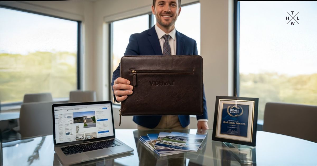 Professional real estate agent holding premium leather real estate folders with embossed VIDHAT logo in a modern office, displayed alongside property brochures, laptop, and award.