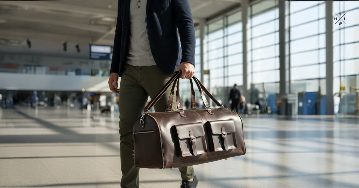 Man carrying a leather duffle bag while walking through an airport terminal, showing a travel-ready leather duffle bag with front pockets and strong handles.