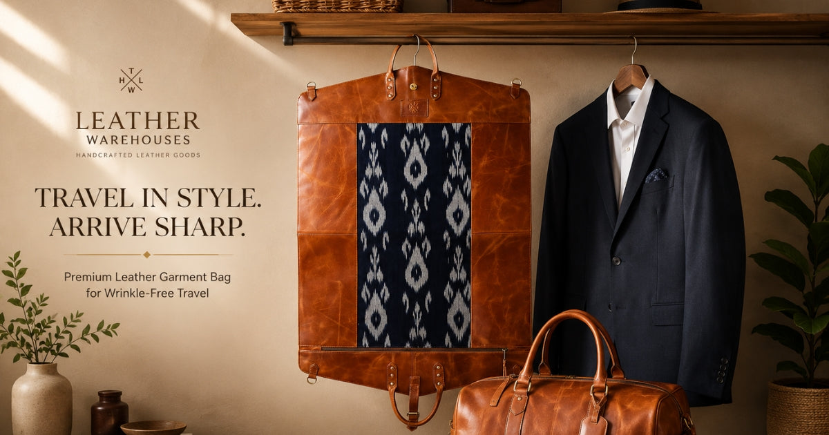 Premium leather garment bag for travel displayed with a business suit and matching leather duffle bag