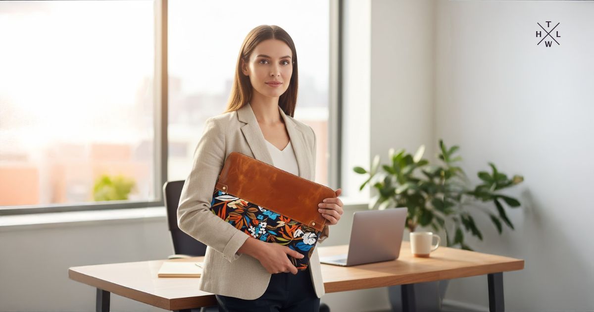 Professional woman holding a leather laptop case inside a modern office workspace