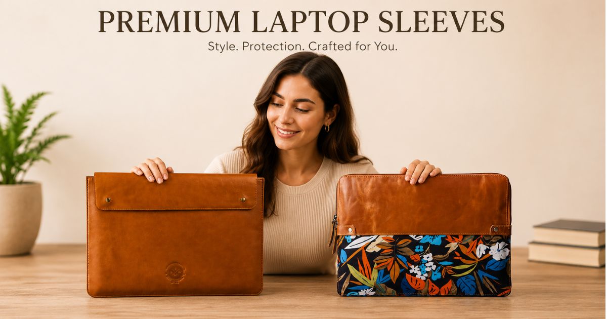 Premium leather laptop sleeves with female model and MacBook display