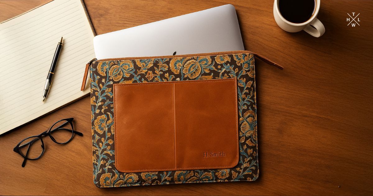 Half leather, half Kalamkari laptop sleeve with MacBook Air on wooden desk under warm natural light.