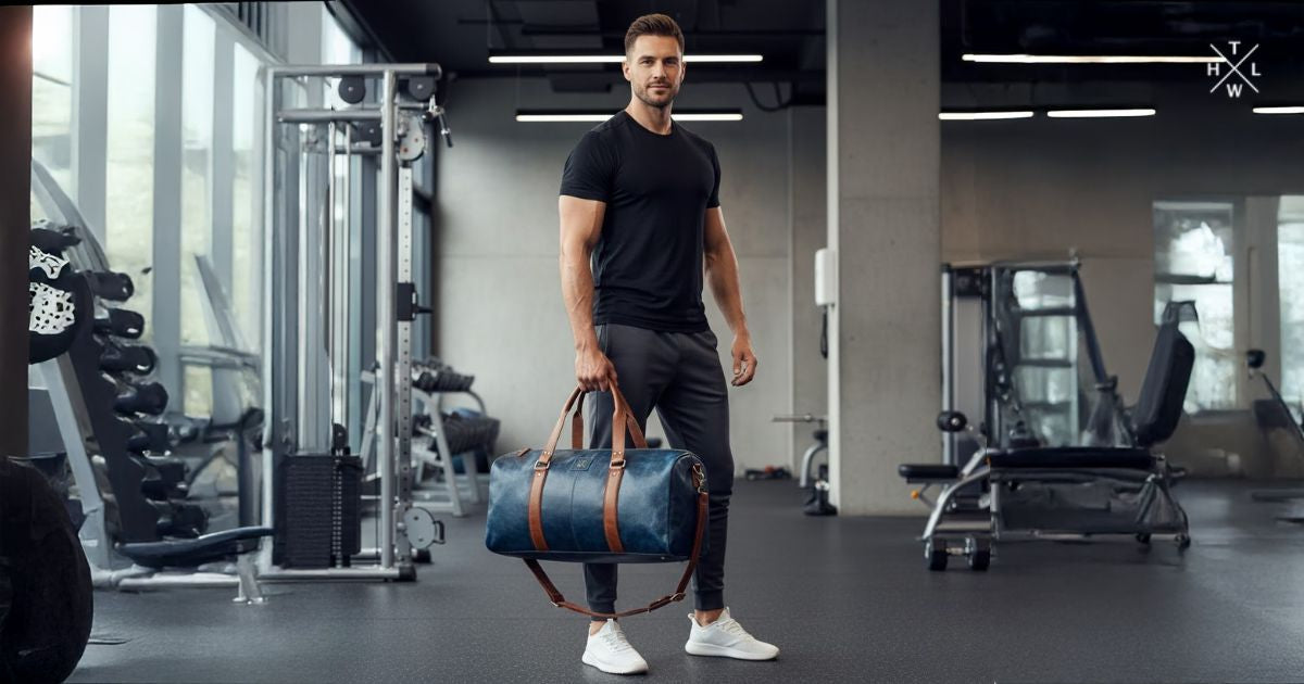 Fit gym man holding a blue leather duffle bag with brown straps inside a modern fitness studio showcasing a stylish and premium workout look.
