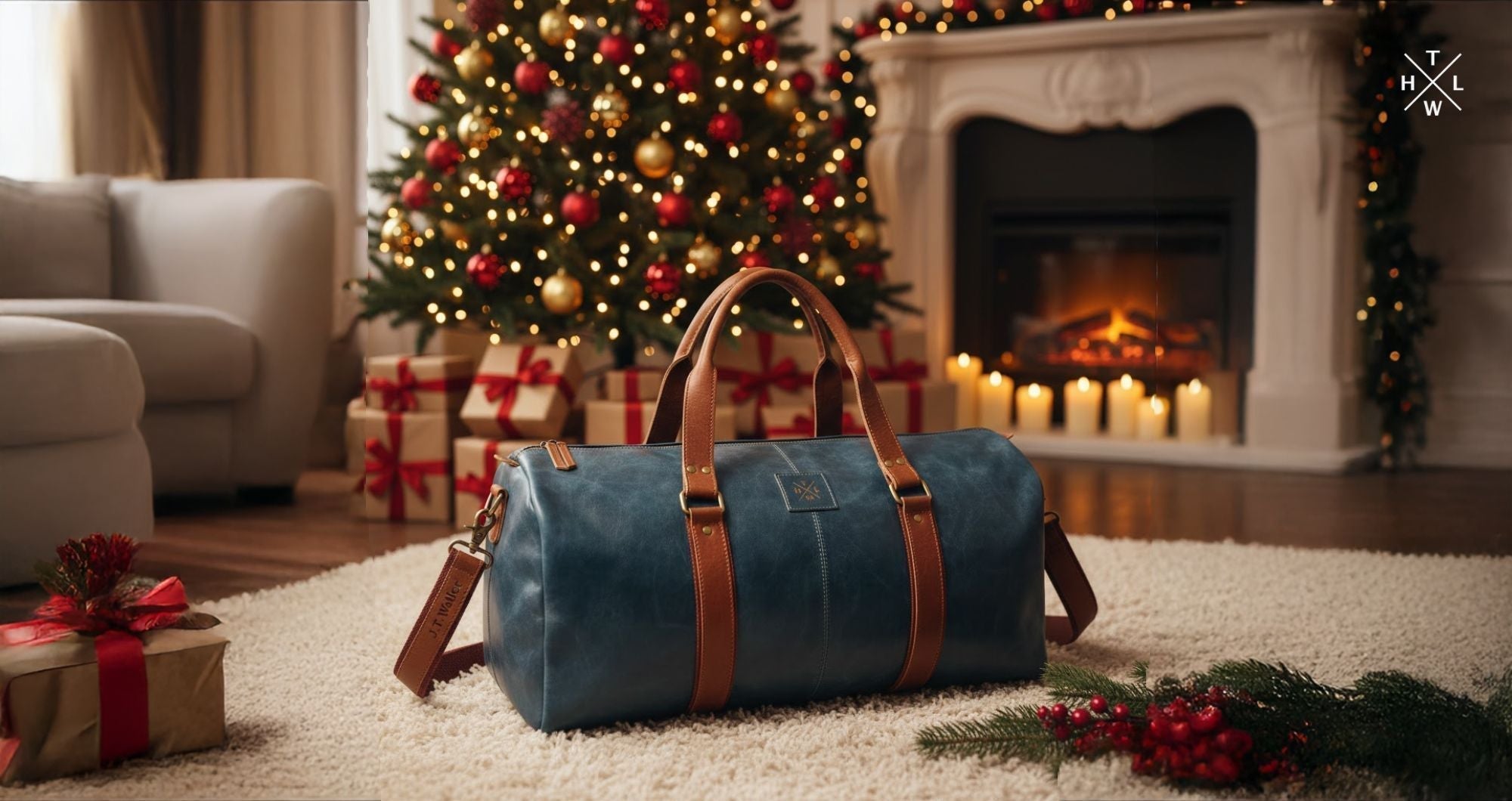 Blue leather duffle bag placed in a festive living room setting used as large Christmas gift bags with a decorated tree fireplace and wrapped gifts in the background