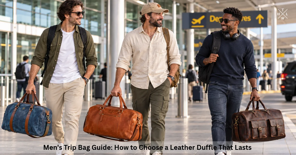 Three men carrying leather duffle bags in blue, tan and dark brown while walking through an airport terminal