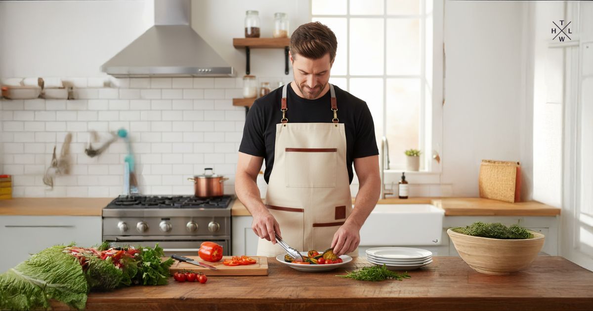 A male chef wearing a beige leather-trimmed apron prepares food in a modern kitchen. Fresh vegetables, herbs, and a wooden counter surround him, creating a warm and professional cooking atmosphere.