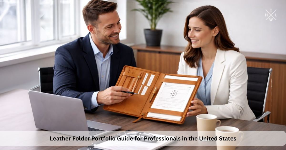 Business professionals discussing documents using a leather folder portfolio during a meeting at a conference table.