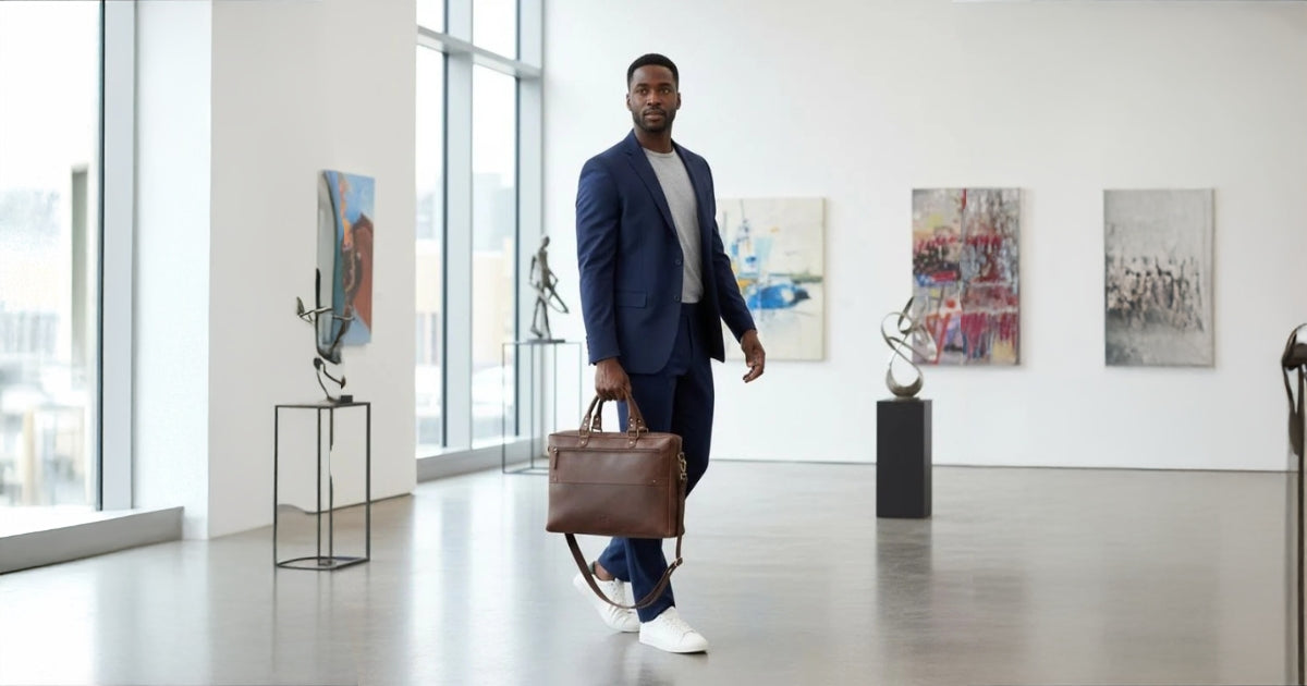 Professional man carrying brown leather laptop bag in modern office setting, showcasing premium handcrafted leather briefcase by Leather Warehouses.