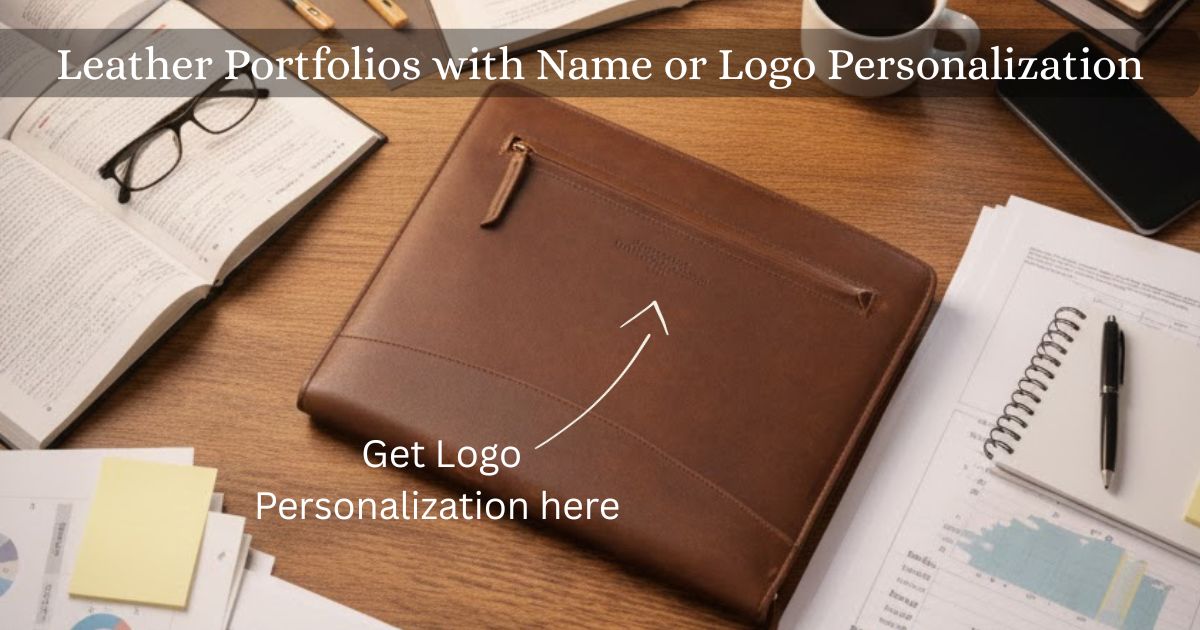 Leather portfolio with logo personalization placed on a wooden desk with documents and notebook