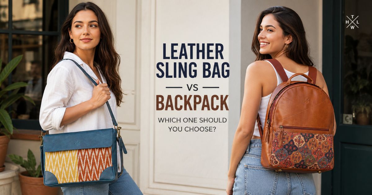 Two female models carrying a leather sling bag and leather backpack in a style comparison for everyday use and travel.