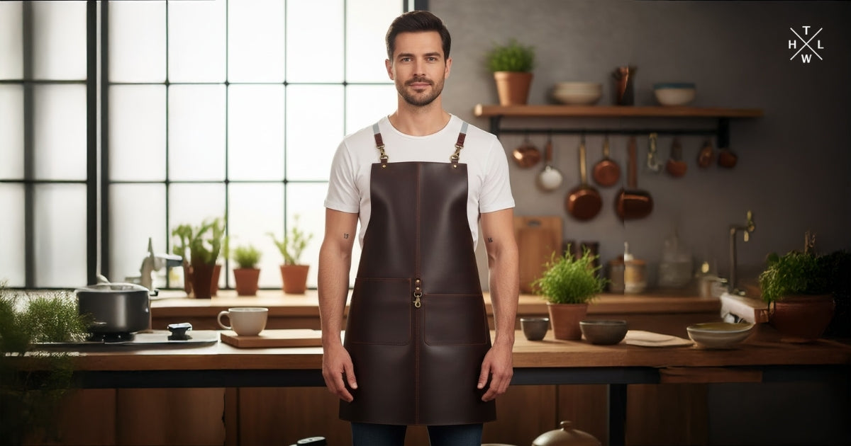 Professional leather apron worn by a chef in a modern kitchen workspace
