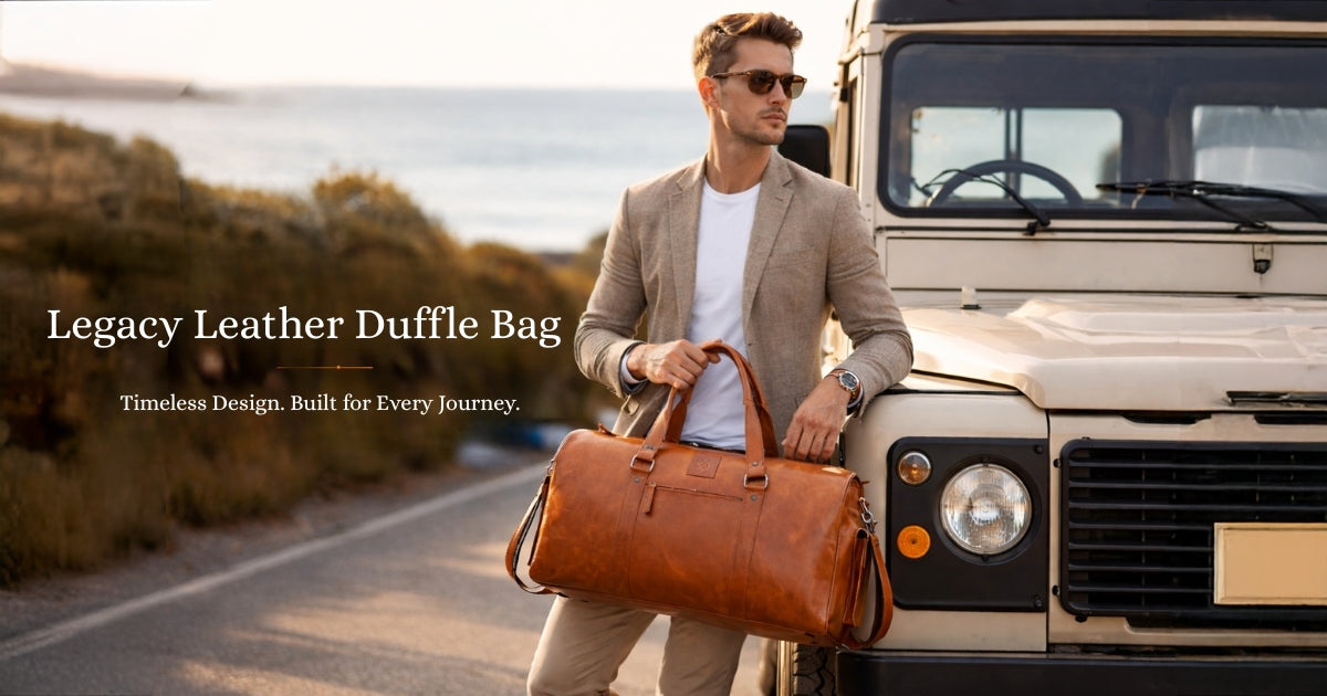 Luxury Leather Duffle Bag in full grain leather held by model during travel lifestyle shoot