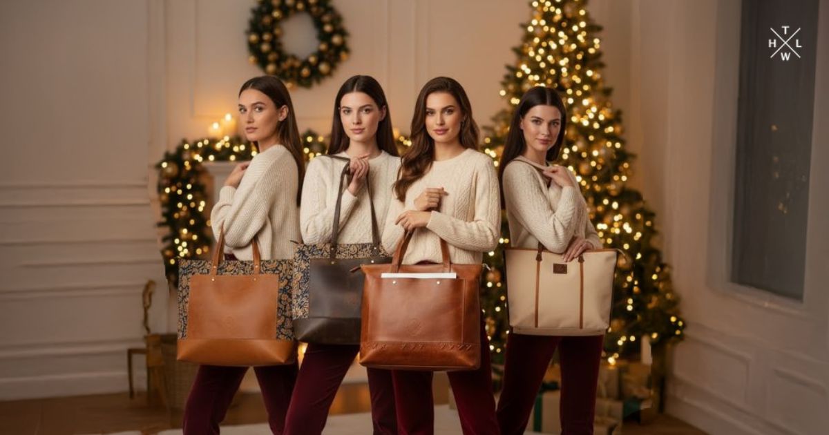 Four women holding premium leather tote bags for women in a warm Christmas-themed setting with festive lights and a decorated tree in the background.