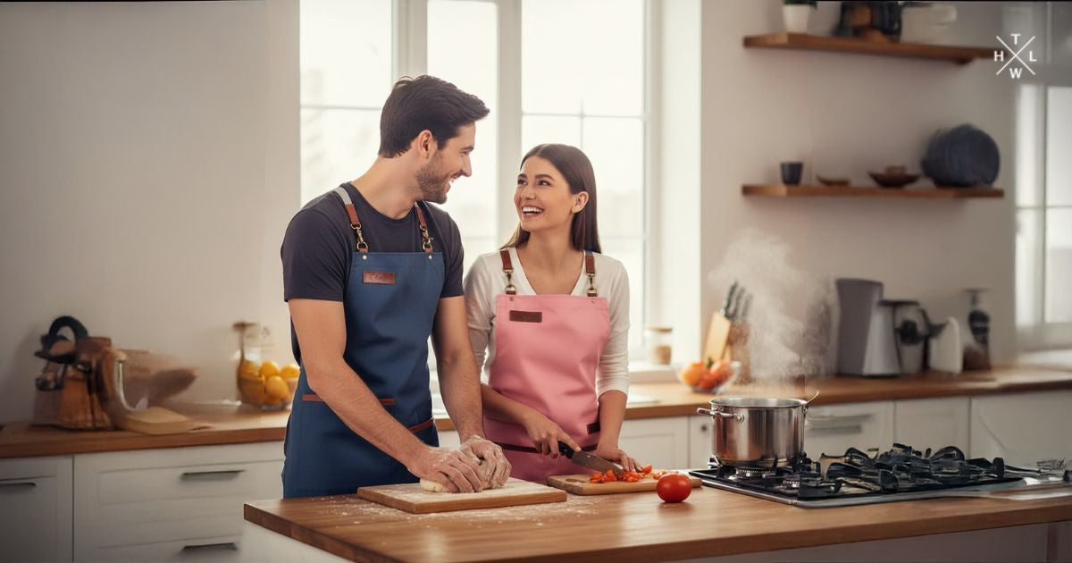 Couple cooking together in a modern kitchen wearing Personalized Aprons, with the man kneading dough and the woman chopping vegetables while smiling at each other.