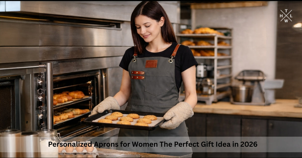 Personalized apron for women worn by a baker holding freshly baked cookies in a professional bakery kitchen, featuring grey fabric and leather straps with functional pocket design.