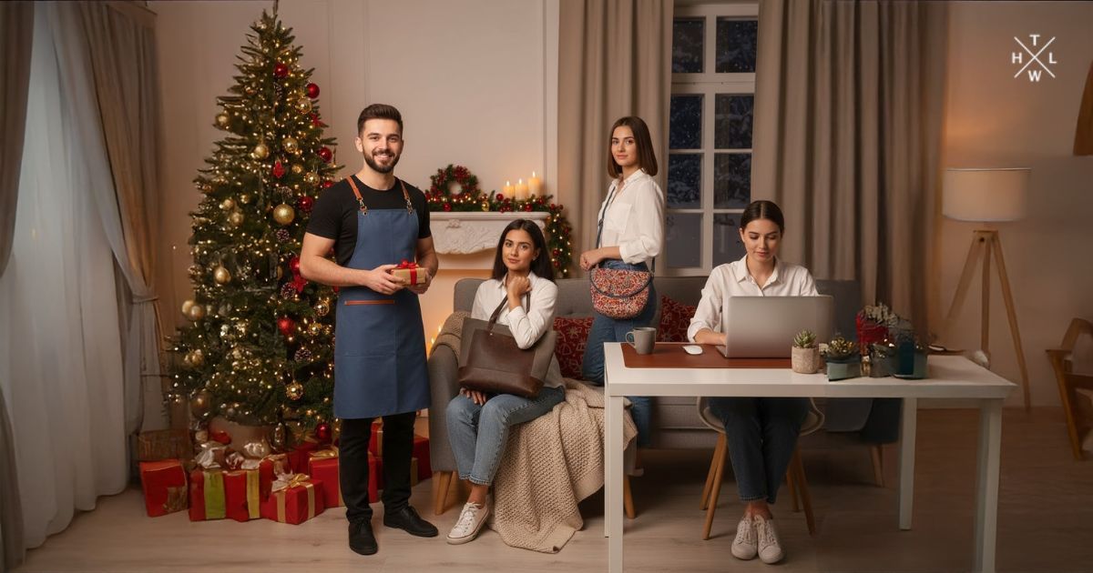 Models showcasing personalized christmas gifts including a chef apron leather tote sling bag and desk mat in a warm festive room.