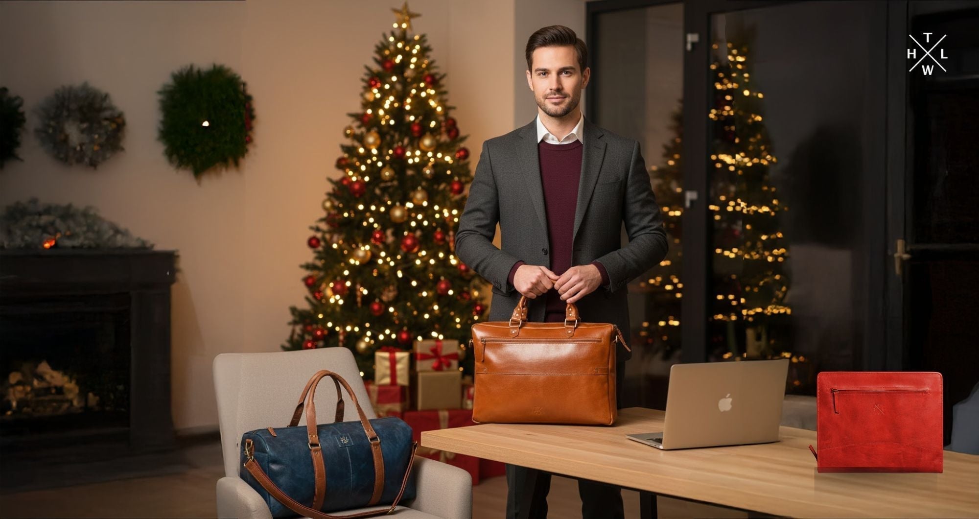 A well dressed businessman standing in a warm Christmas office holding a brown leather laptop bag with a leather duffle bag and a red leather file folder displayed beside him showing personalized christmas gifts for businessmen.