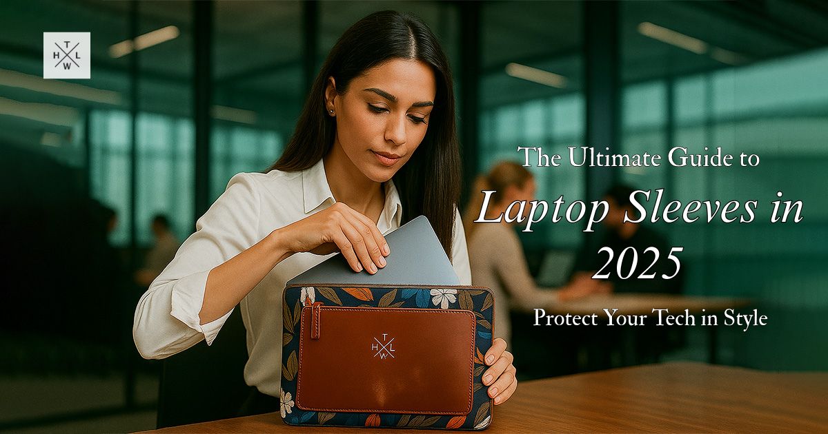 Professional woman in a modern office removing a laptop from a premium leather and floral laptop sleeve, with colleagues working in the background.