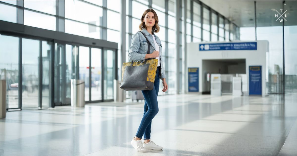 Floral tote bag used by a woman traveler standing inside a modern airport showcasing a yellow patterned and grey leather tote bag from Leather Warehouses.