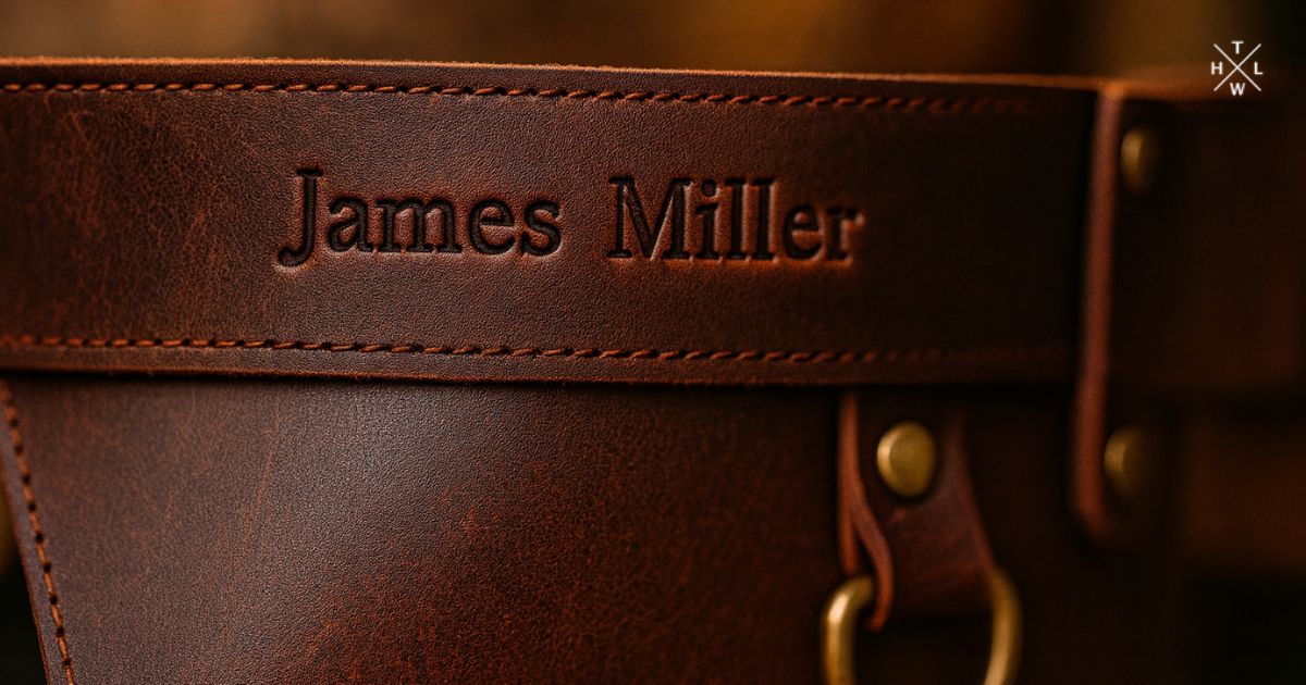 Close-up of a brown leather Personalized tool pouch with a custom name engraved on the front.