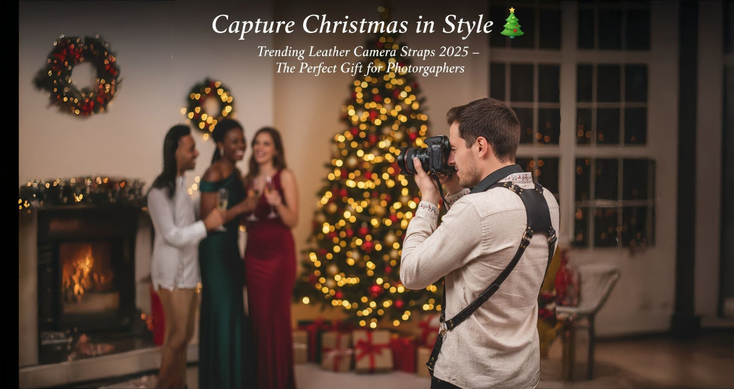 Photographer wearing a leather camera harness taking pictures at a Christmas party near a decorated tree.