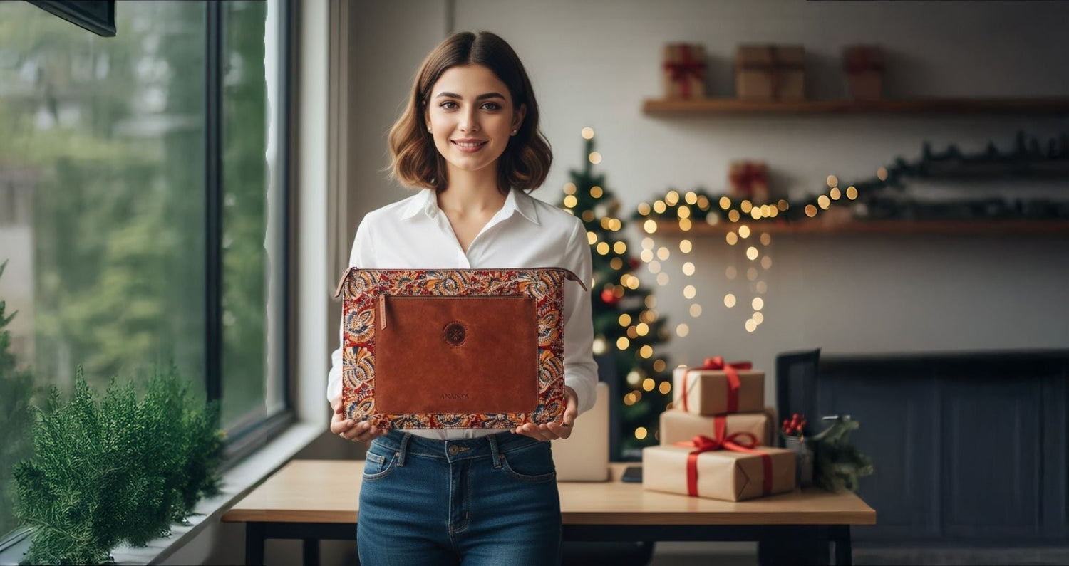 A woman holding a handcrafted Kalamkari leather laptop sleeve with name embossing in a festive office setting with Christmas decor showcasing one of the best unique Christmas gifts for professionals.