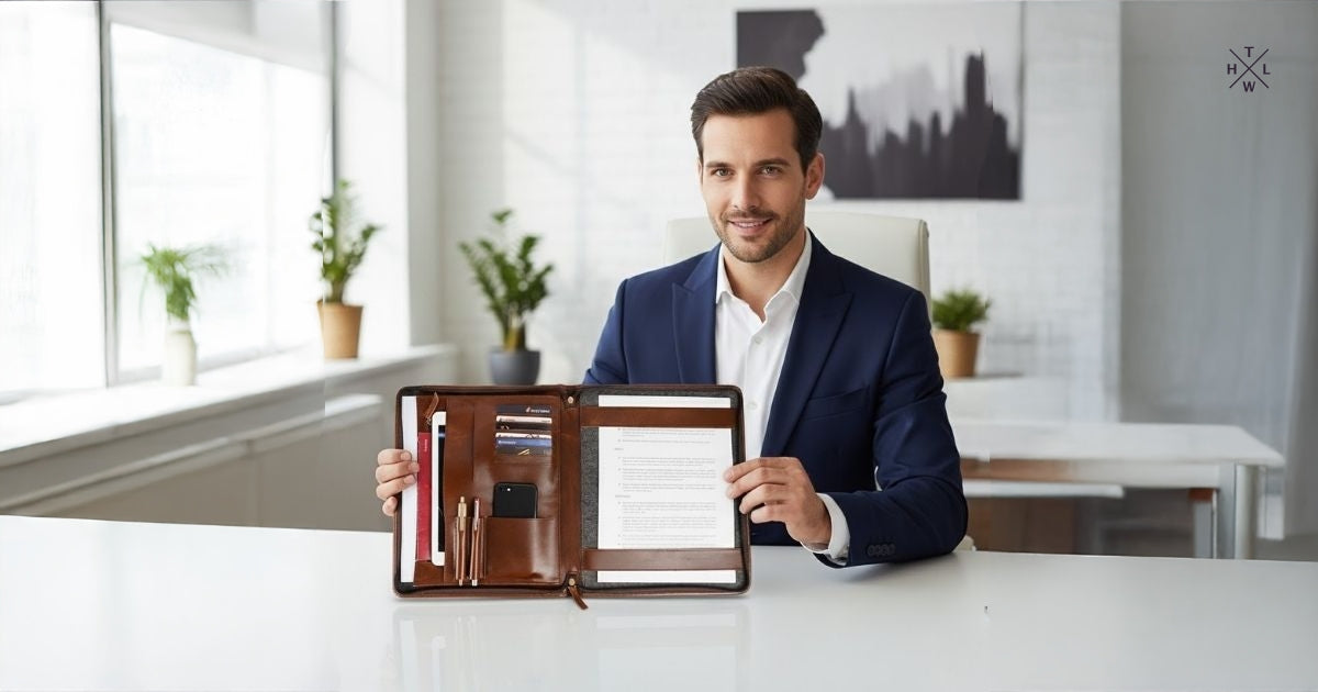 Professional man in a navy suit holding an open brown leather portfolio on a desk showing organized document slots card holders pen loops and zipper closure in a modern office setting