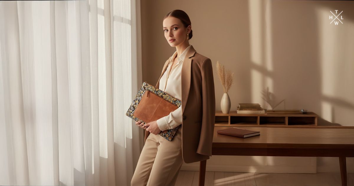 Elegant woman in a beige suit holding a handcrafted Kalamkari and leather laptop sleeve in a warm, minimalist office setting with natural sunlight.