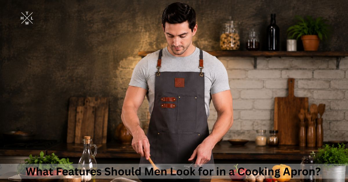 Home chef wearing a premium cooking apron for men while preparing a meal in a rustic kitchen setting.