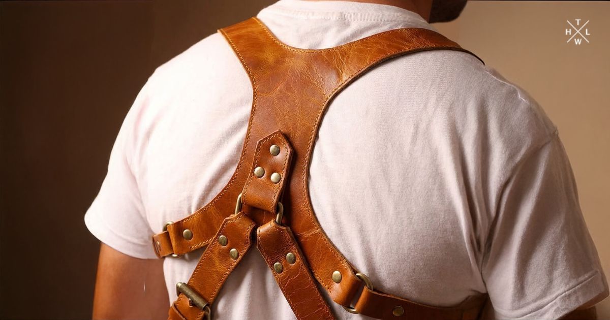Close-up view of a tan leather camera harness worn on the back, showing premium stitching and brass hardware