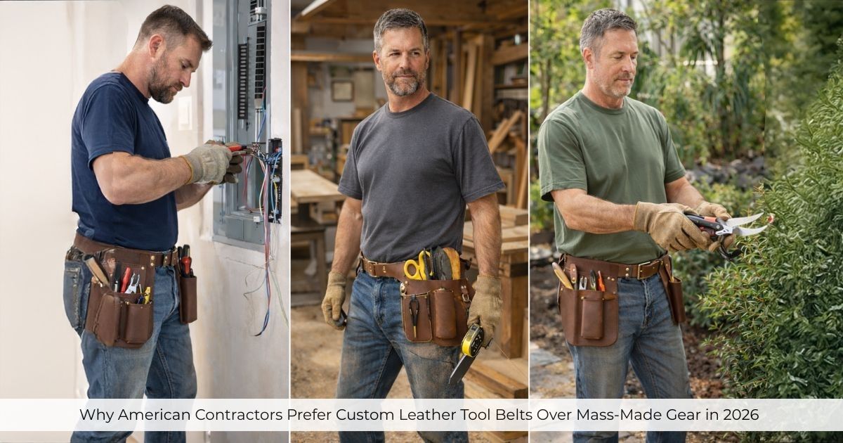Lifestyle shot of professionals wearing Custom Leather Tool Belts while working as an electrician, carpenter, and landscaper in real job-site environments.