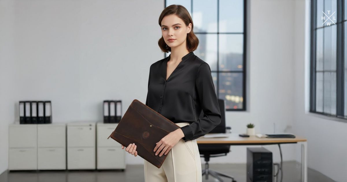 A confident young woman holding a brown leather document file in a professional office setting.