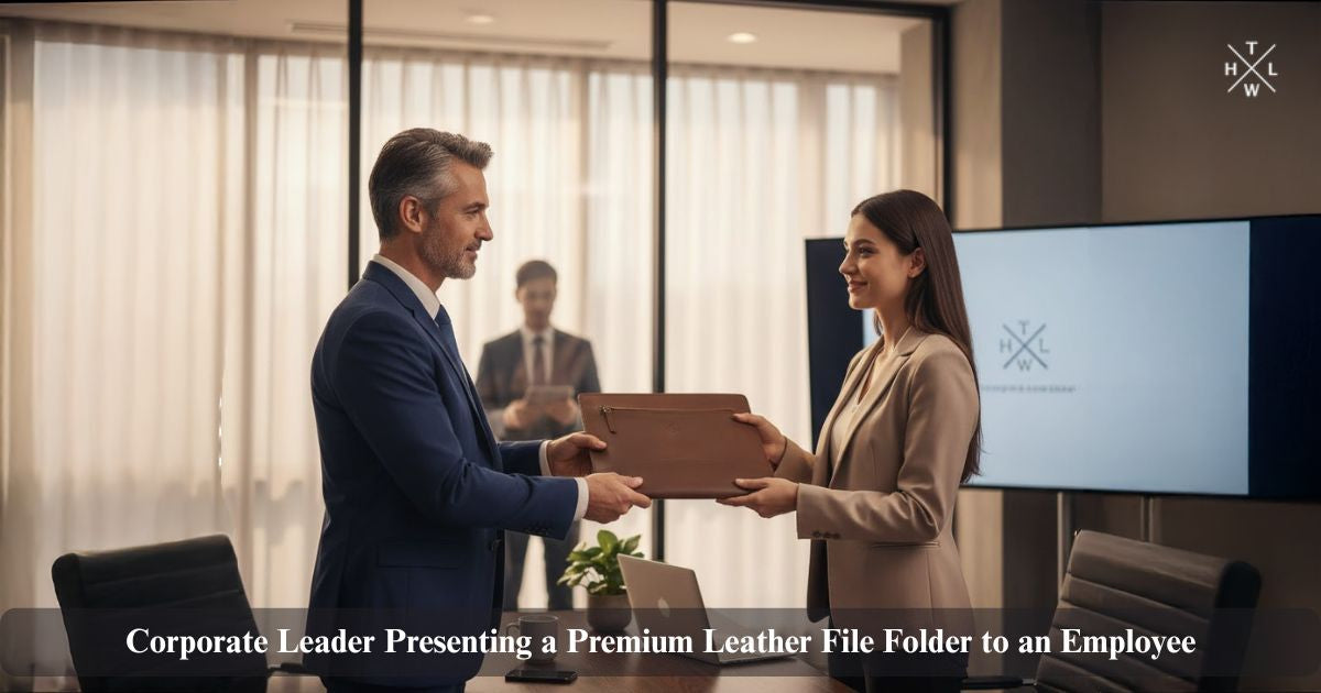 A corporate boss handing a brown leather file folder to an employee in a modern office setting, showcasing premium leather folder gifting during a professional meeting.