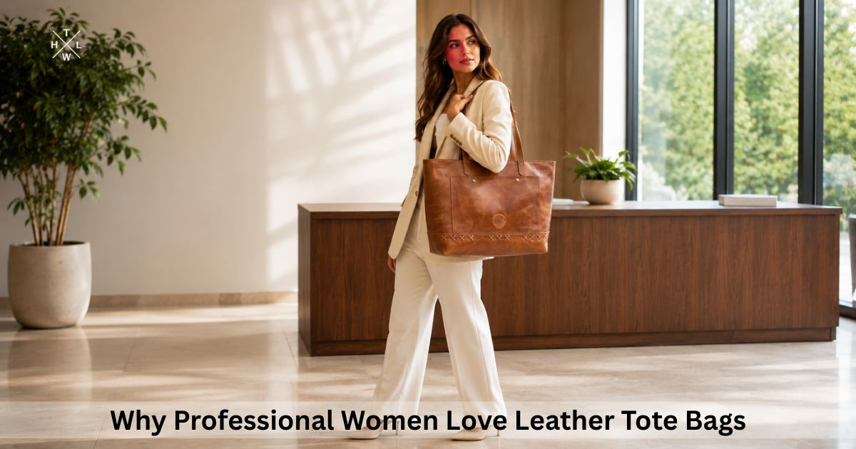 Professional woman carrying a leather tote bag in a modern office.