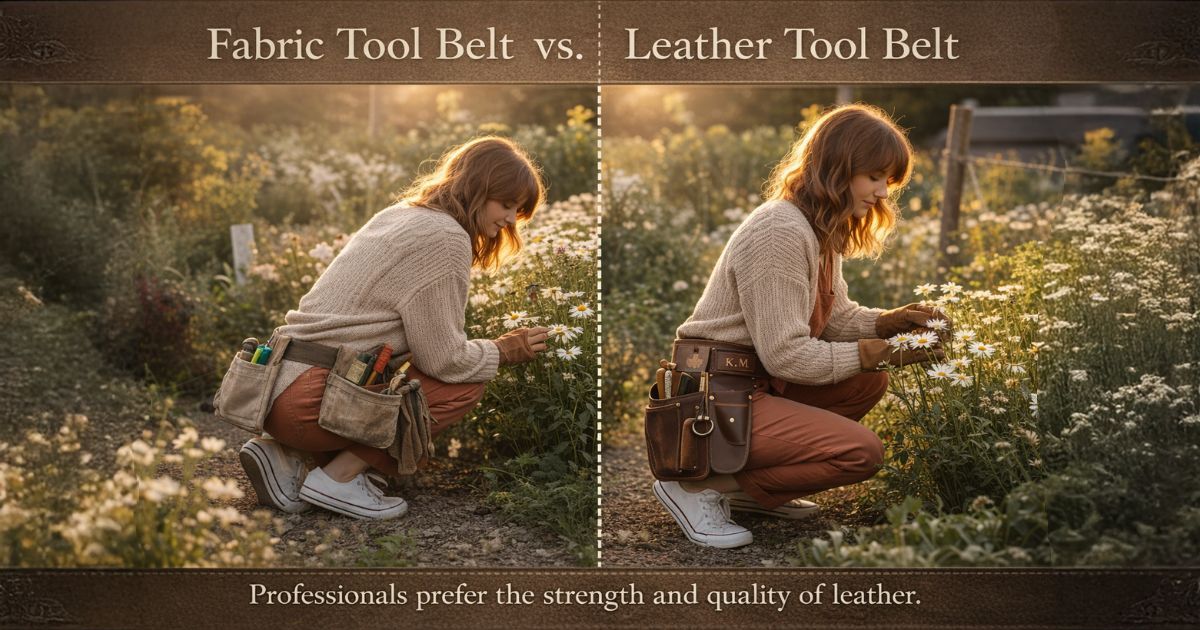 Comparison of fabric tool belt and leather tool belt with pockets used by a gardener in a flower garden
