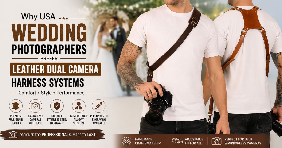 Leather dual camera harness for wedding photographers.
