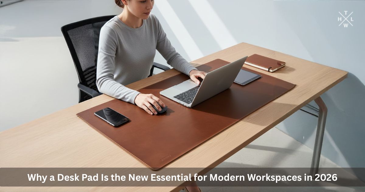 Professional using a large leather desk pad on a modern wooden desk workspace in 2026