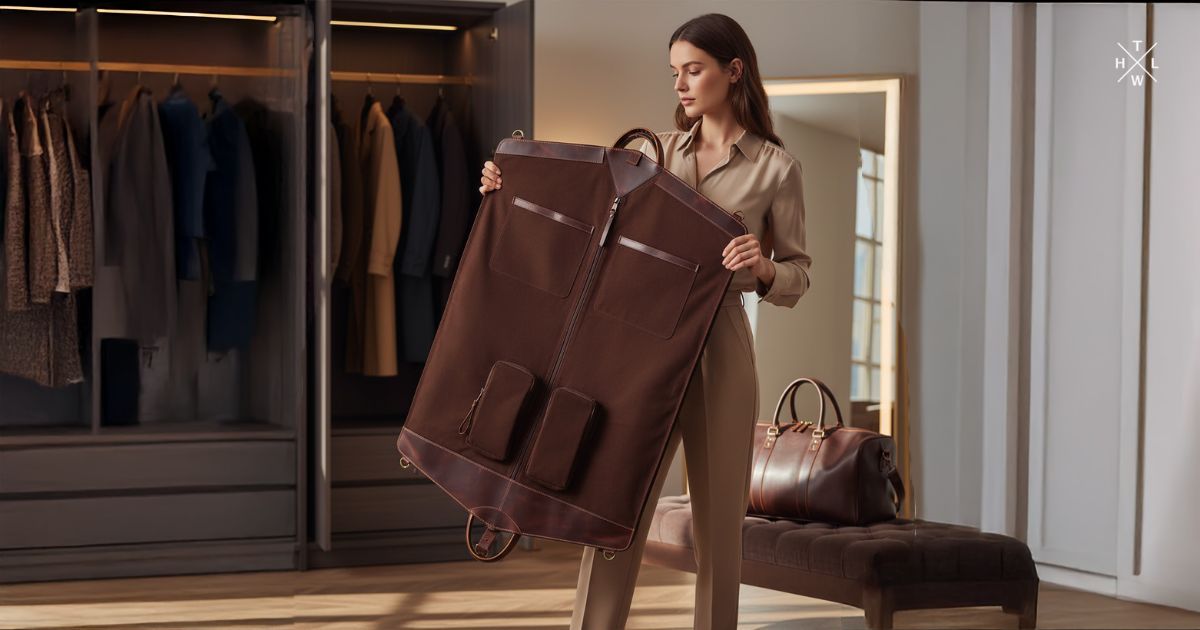 A woman holds a large brown garment bag in a modern, stylish closet.