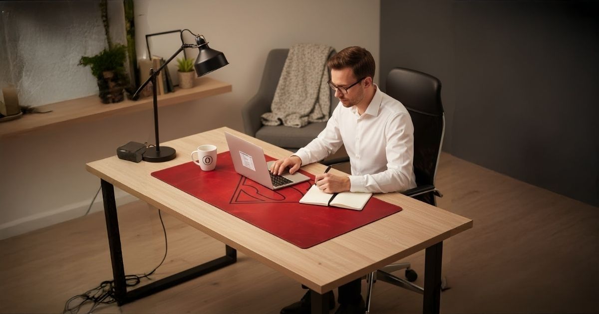 Man working at a modern desk with a Superman-themed red leather mat, laptop, and coffee.