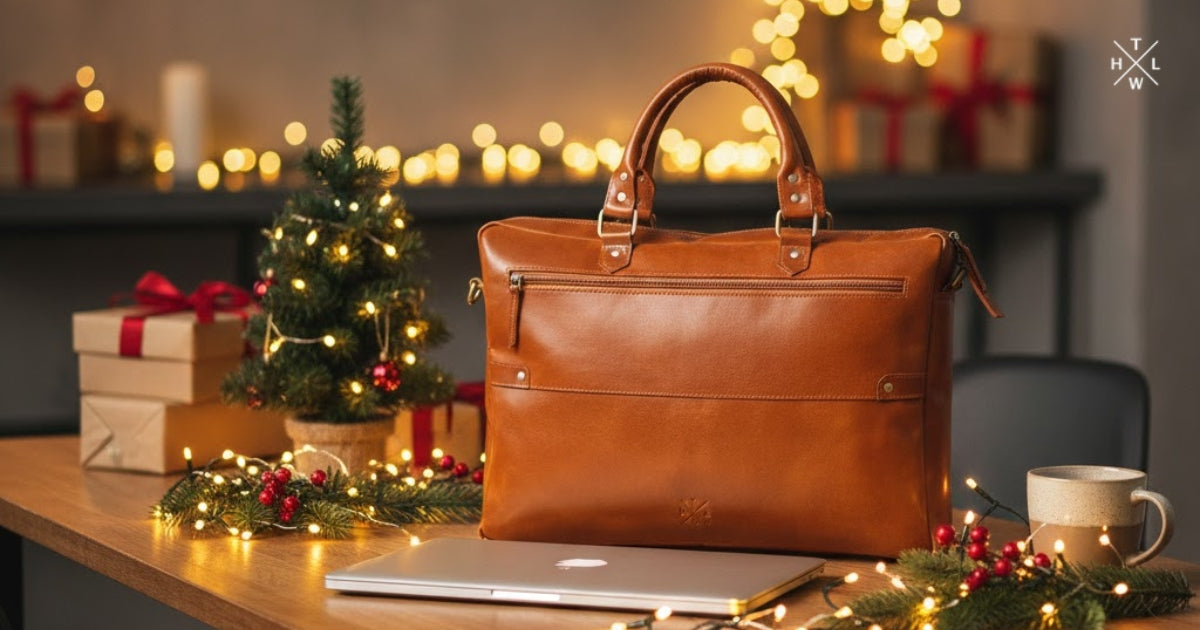 Premium leather laptop bag displayed on a festive Christmas desk setup with tree lights gifts and holiday decor showing the perfect Christmas Gift for professionals