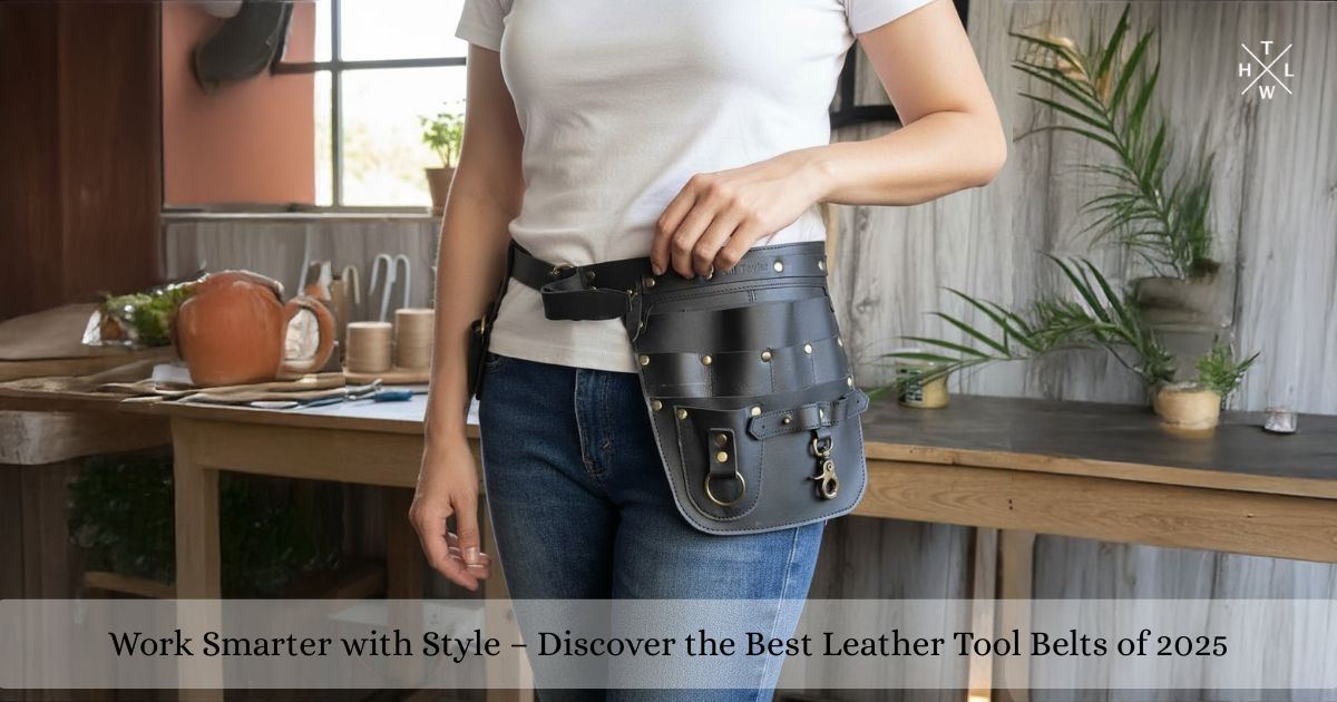 A person wearing a white shirt and jeans stands indoors, showcasing a black leather tool belt around their waist, in a room with a wooden table and plants in the background.