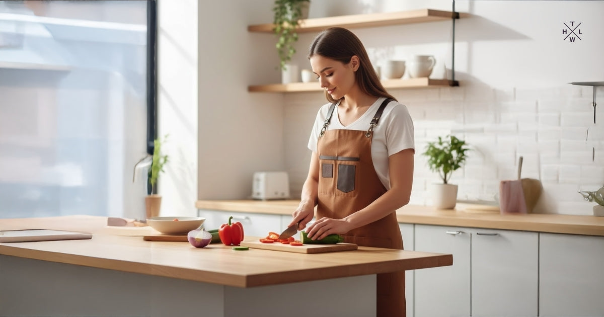 Woman preparing vegetables in a modern kitchen while wearing a brown canvas apron with leather straps and front pockets, focused on everyday cooking tasks.
