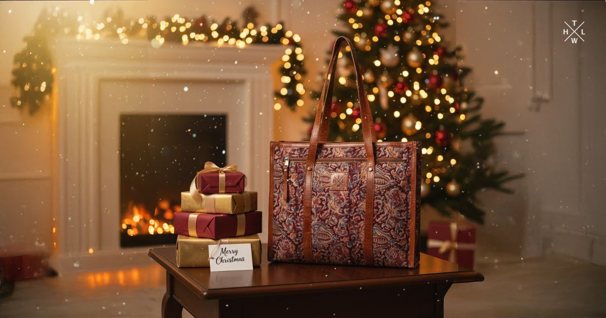 A decorative tote bag sits on a table next to wrapped Christmas gifts and a card in front of a lit fireplace and a festive Christmas tree.