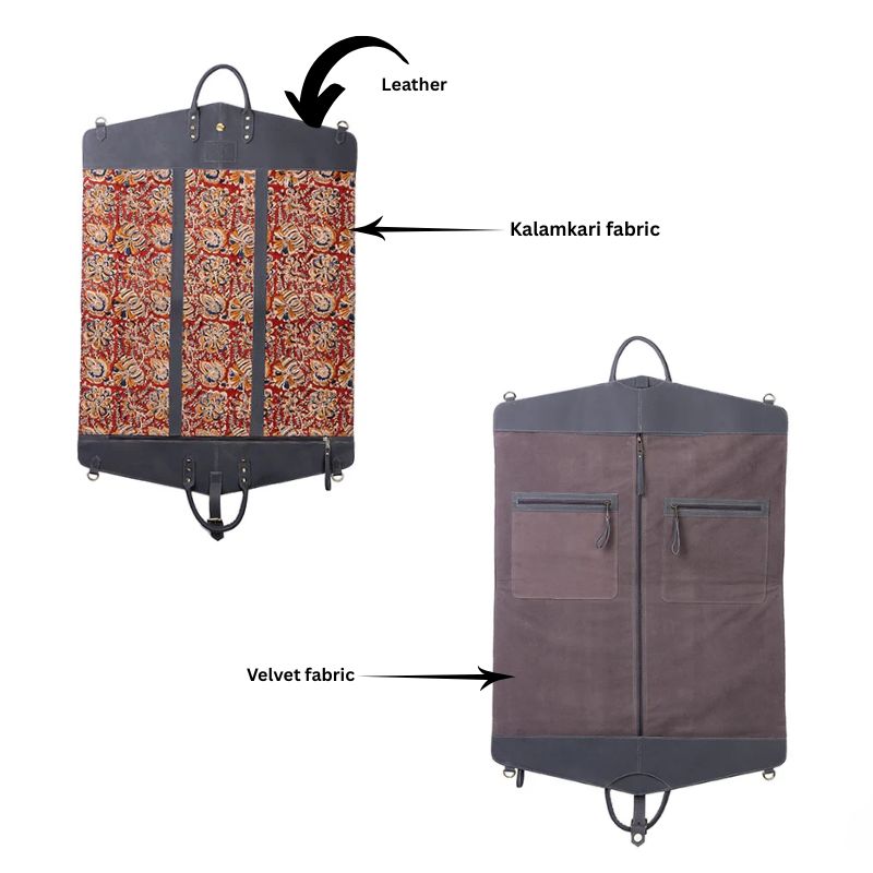 Travel garment bag made with leather, Kalamkari fabric, and velvet lining, shown open to display compartments and handcrafted detailing.