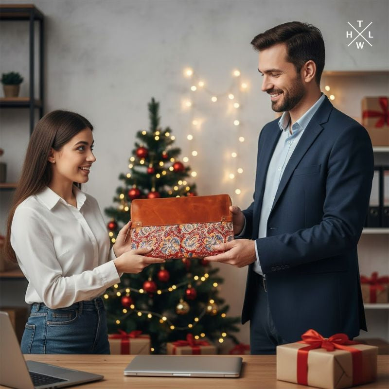 A boss gifting a handcrafted leather and Kalamkari laptop sleeve to an employee in a festive office setting with a Christmas tree, showing a thoughtful luxury corporate Christmas gift