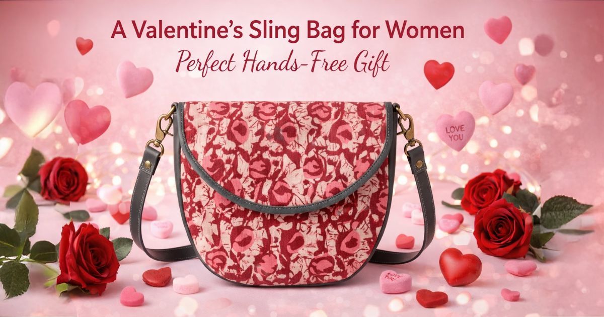 Valentine’s themed sling bag for women with red floral pattern adjustable strap placed on a pink romantic background with roses and heart decorations.