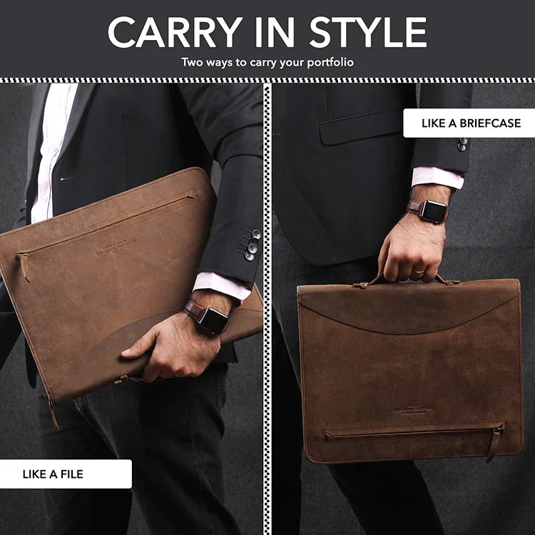 Man holding a brown leather briefcase and file, with text &